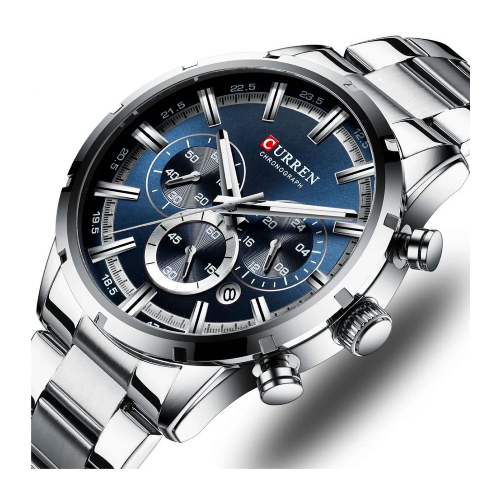 Reloj Curren 8363 Para Hombre | Cronógrafo Acero Inoxidable Plateado Azul