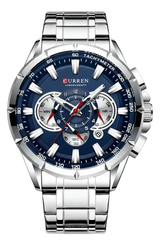 Reloj Curren 8363 Para Hombre | Cronógrafo Acero Inoxidable Plateado Azul